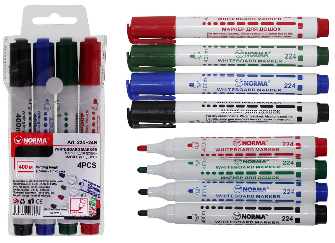 Набір NORMA із 4-х маркерів для сухостираємих дошок (224-24N), різнокольорові